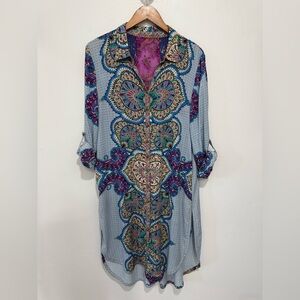 Aratta Silent Journey Colorful Patter Paisley Button-down Shirt Midi Dress- M